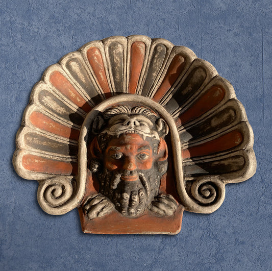 Antefissa con Testa di Sileno da Veio, scultura dipinta a ingobbio