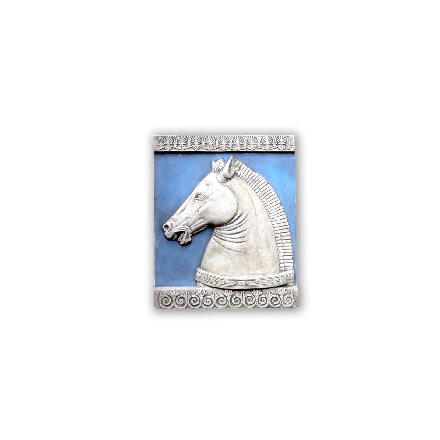 Testa di Cavallo, scultura in terracotta dipinta in azzurro