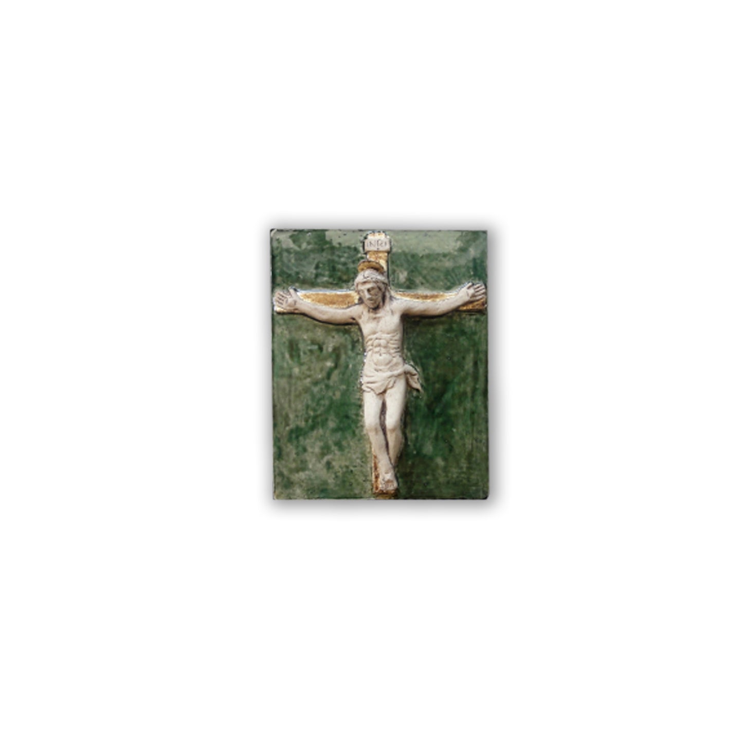 Crocefisso, scultura in ceramica dipinta e dorata