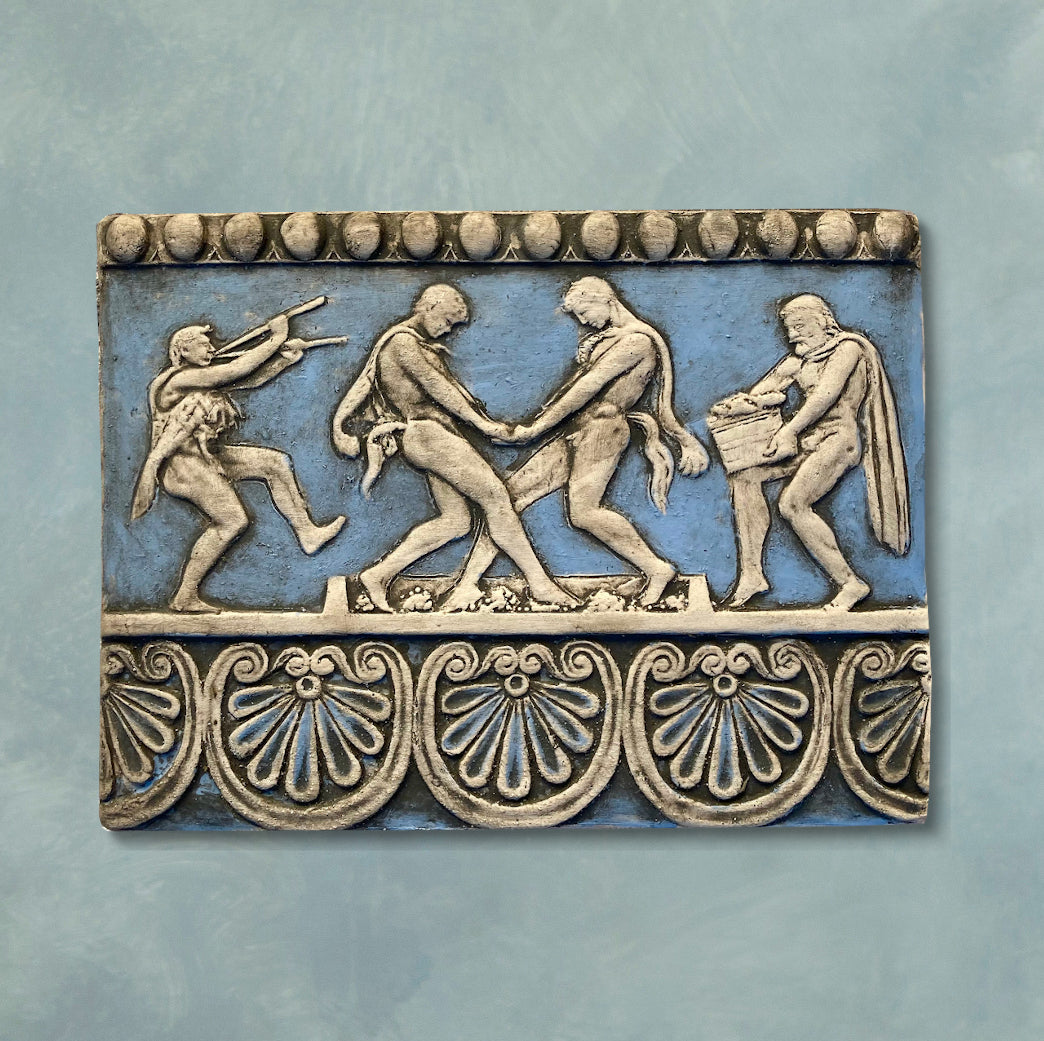 Scena di Pigiatura dell'Uva, bassorilievo in terracotta, dipinto in azzurro
