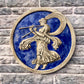 Menade con il flauto doppio, scultura in ceramica dipinta in blu